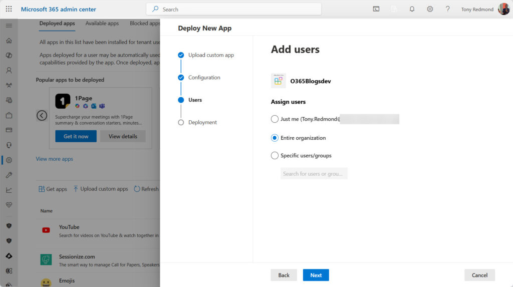 Deploying the declarative agent from the Microsoft 365 admin center.