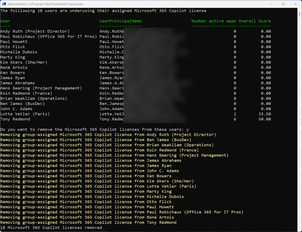 Removing Microsoft 365 Copilot licenses from user accounts.