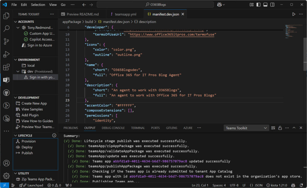 Publishing a declarative agent built with the Teams Toolkit in Visual Studio Code.