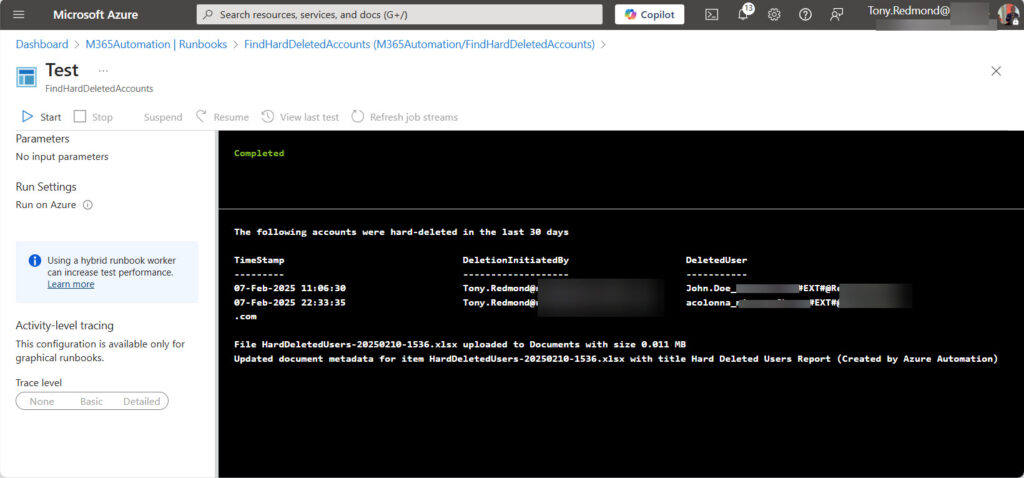 An Azure Automation runbook uploads a file to SharePoint Online and updates the document metadata.