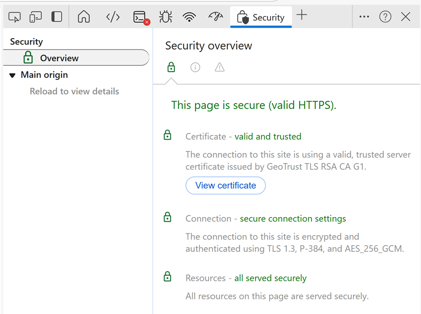 Figure 6: Developer mode in the browser shows TLS version and used ciphers.