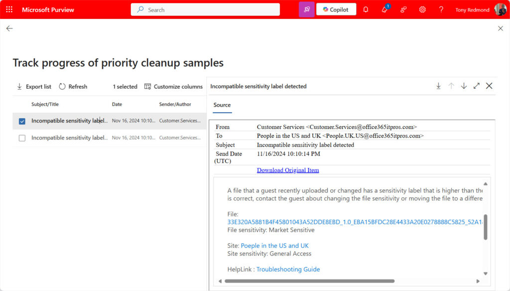 A content search finds items stamped with a Priority Cleanup retention label.