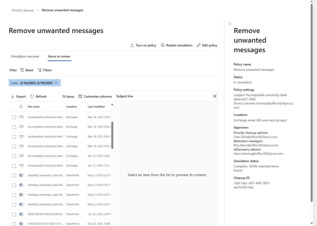 A simulation finds lots of Exchange and SharePoint items.