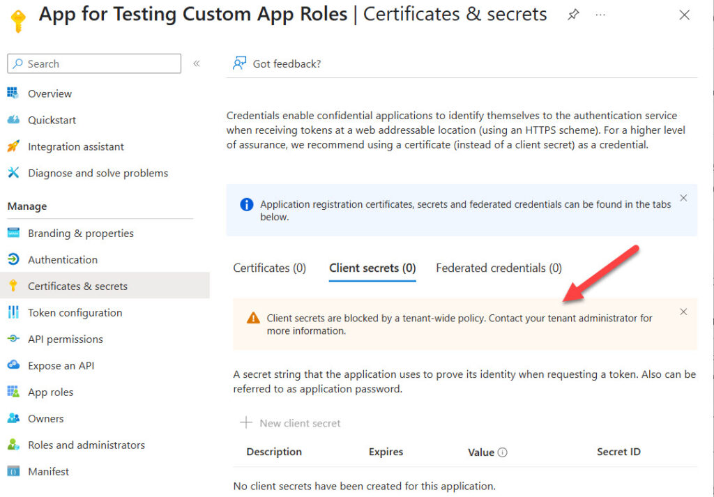 App secrets are blocked for a registered app.