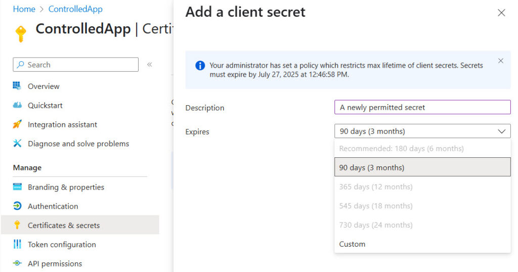 Creating an app secret for an app assigned a custom app management policy.