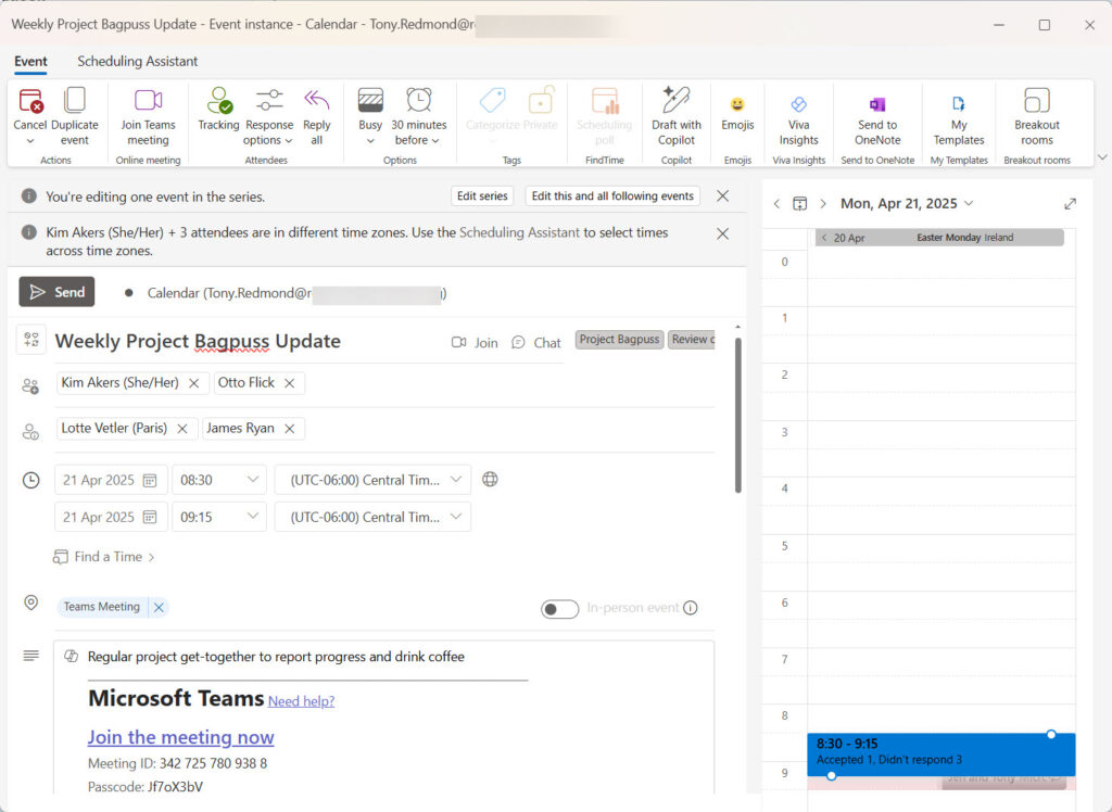 Outlook displays details of a recurring meeting.