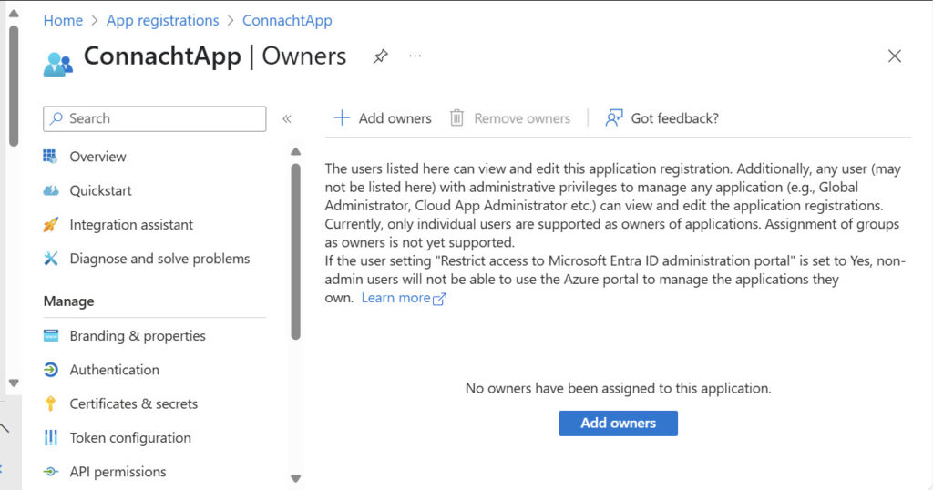 No owner for a newly created registered app