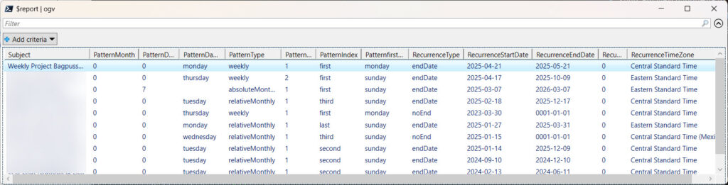 Details of patterns and ranges for recurring events.