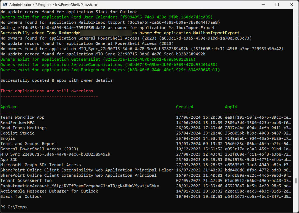 Running the script to find and update the owners for ownerless apps.