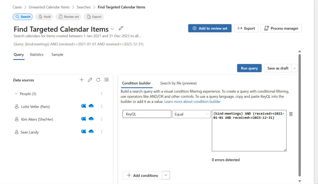 Details of an eDiscovery search to find calendar items.
eDiscovery Purges