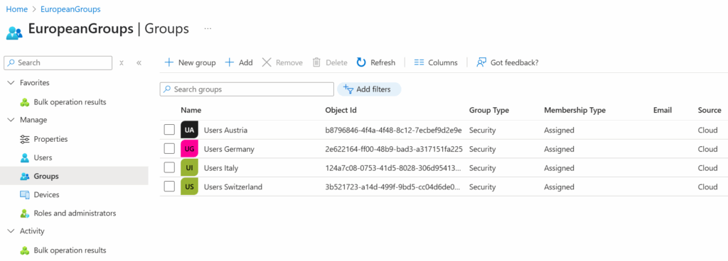 Groups included in the EuropeanGroups administrative unit .
Groups administration.