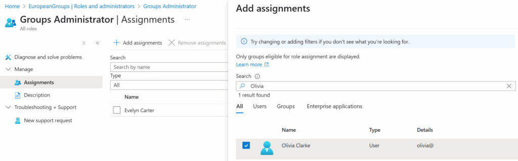 Adding a new administrative unit scoped role assignment for Groups Administrator.