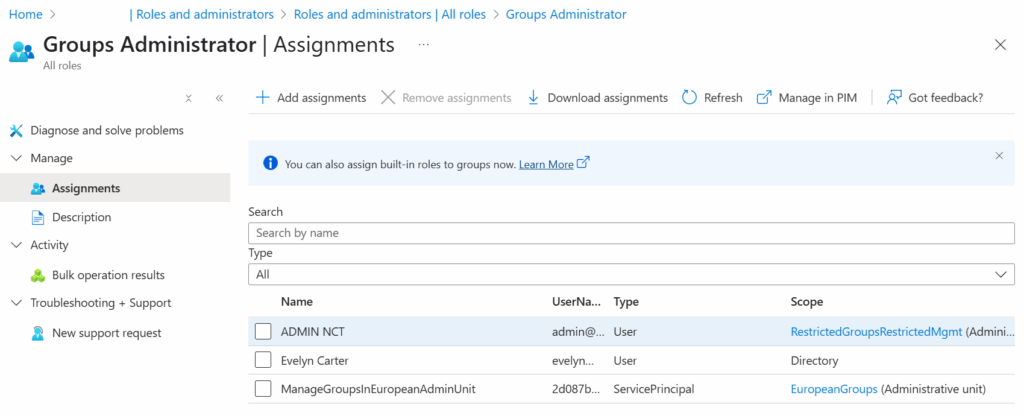 Groups Administrator role assignments .