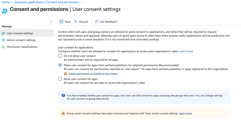 Figure 1: The Entra user consent settings page