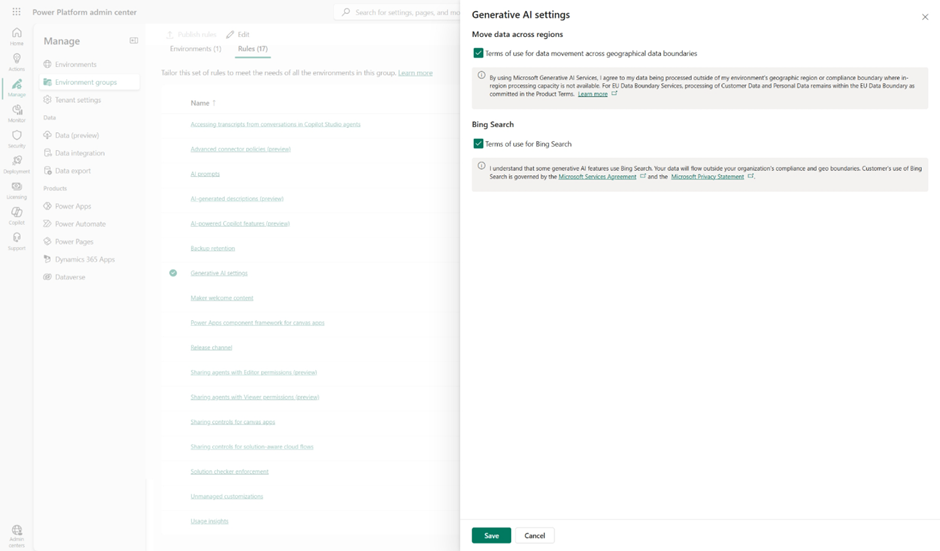 Figure 2: Power Platform Admin Centre - Generative AI Data Movement settings within Environment Groups