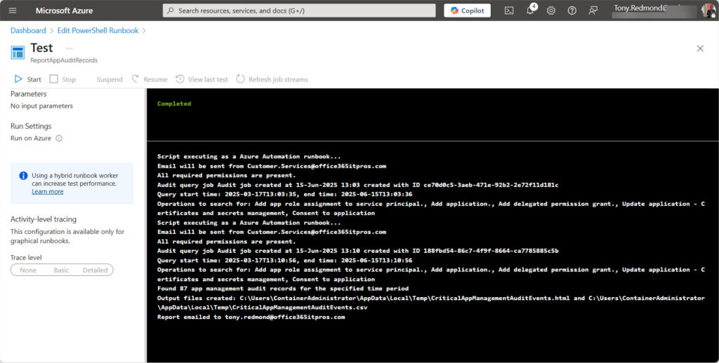 Making sure that an Azure Automation runbook executes properly.