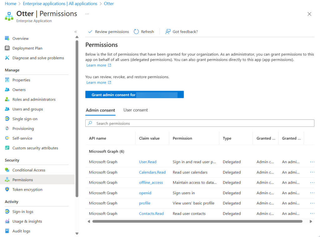 The Otter app and its set of delegated permissions