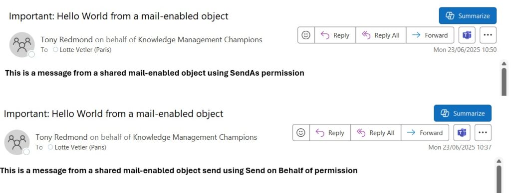 How messages sent with the Send As (top) and Send on Behalf of (bottom) permissions appear to recipients.