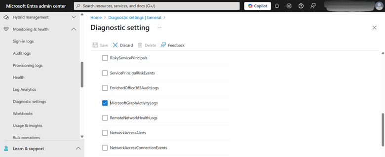 Figure 4: Selecting the "MicrosoftGraphActivityLogs" checkbox from the available log categories