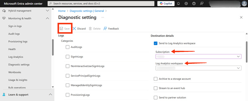Figure 5: Finalizing the diagnostic setting by selecting the destination (Log Analytics workspace), subscription, specific workspace, and clicking "Save"
