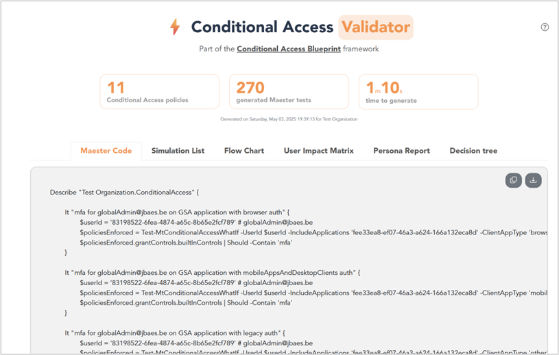 Figure 1: Example HTML report of the Conditional Access Validator