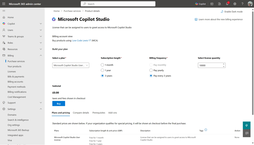 Procuring Copilot Studio user licenses in Microsoft 365 Admin Centre