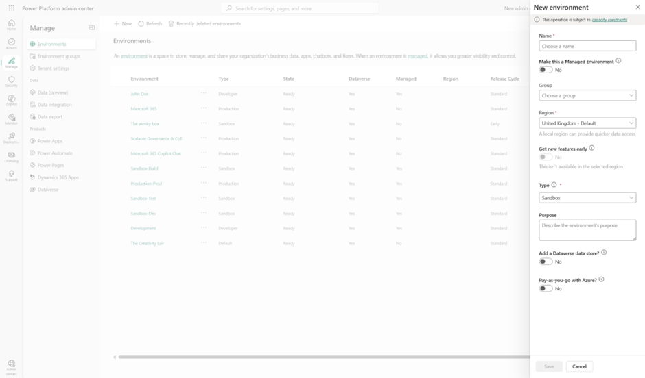 Power Platform Admin Center - Creating an environment