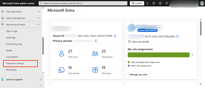 Figure 1: Navigating to "Diagnostic settings" under "Monitoring & health" in the Microsoft Entra admin center.