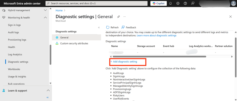 Figure 2: The "+ Add diagnostic setting" button on the "Diagnostic settings | General" page, used to initiate a new log collection configuration
