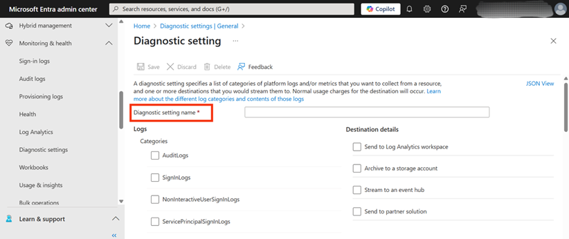 Figure 3: Input field for providing a descriptive "Diagnostic setting name"