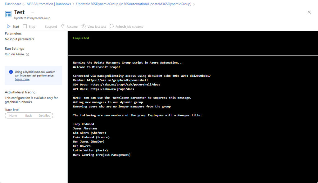 Azure Automation processes membership changes for the pseudo-dynamic Microsoft 365 group.