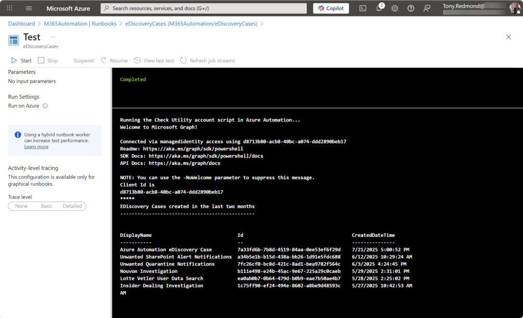 eDiscovery cases listed by an Azure Automation runbook.