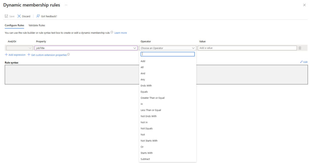 Creating a membership rule based on the job title property in the Entra admin center.

Dynamic Microsoft 365 groups.