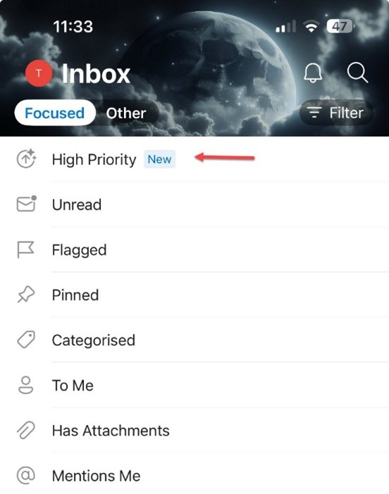 Prioritize my Inbox filter in Outlook for iOS.