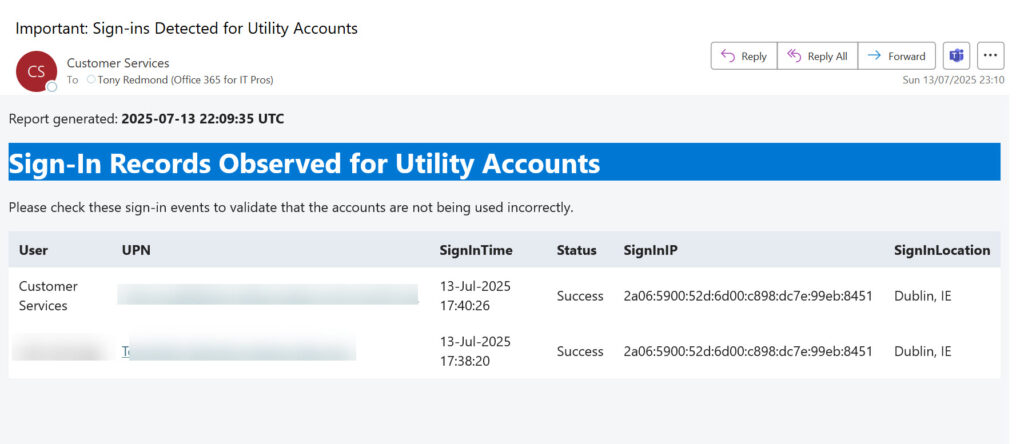Email notification about sign-in events found for utility accounts.