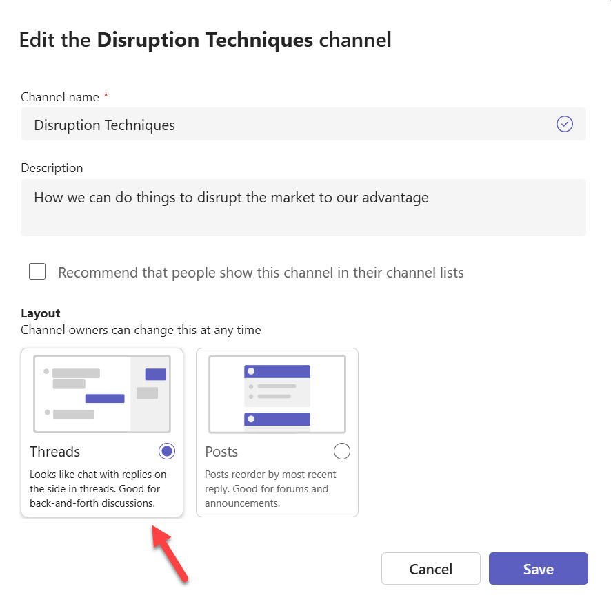Updating a channel to use the threaded layout.
Teams threaded layout.