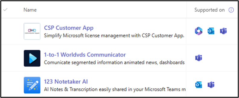 Figure 5: With the “Supported on” column in Teams Admin Center, administrators can view all products of which the corresponding app can work. Any configurations from here only affects Teams.