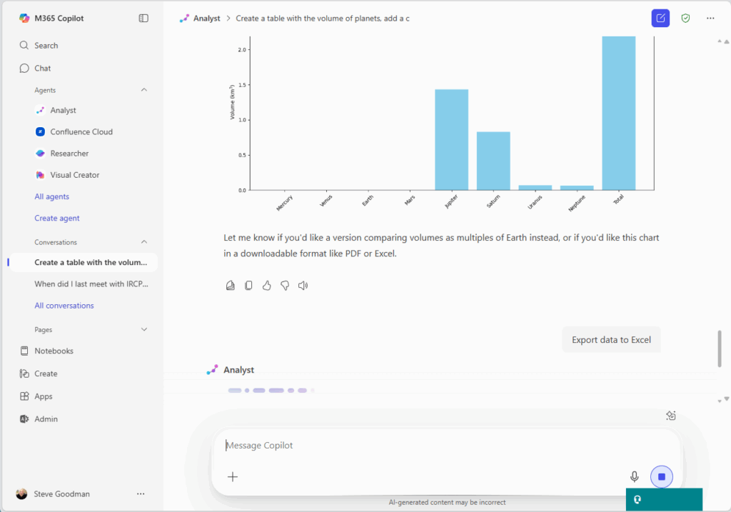 Figure 1: Analyst performs thinking and agentic actions, such as creating Python code to generate bar graphs or export data