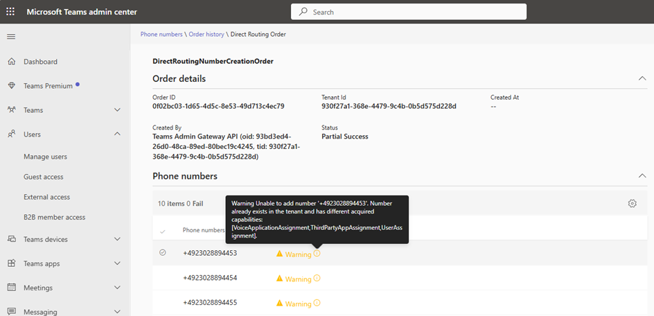 Figure 2: TAC warns that a number is already assigned