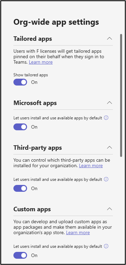 Figure 2: As before, administrators can set default availability for Microsoft, third-party, and custom apps. If a toggle is set to “Off”, all corresponding apps will have their availability set to “No one”.
