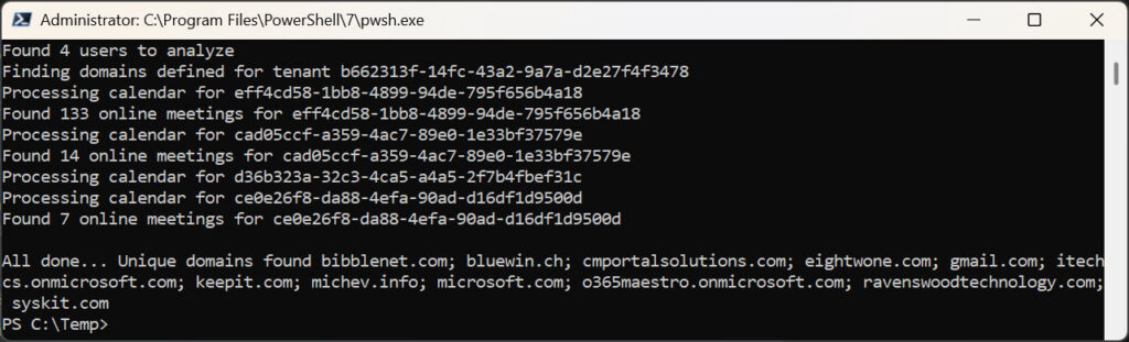 The script finds some domains by analyzing external meeting participants.