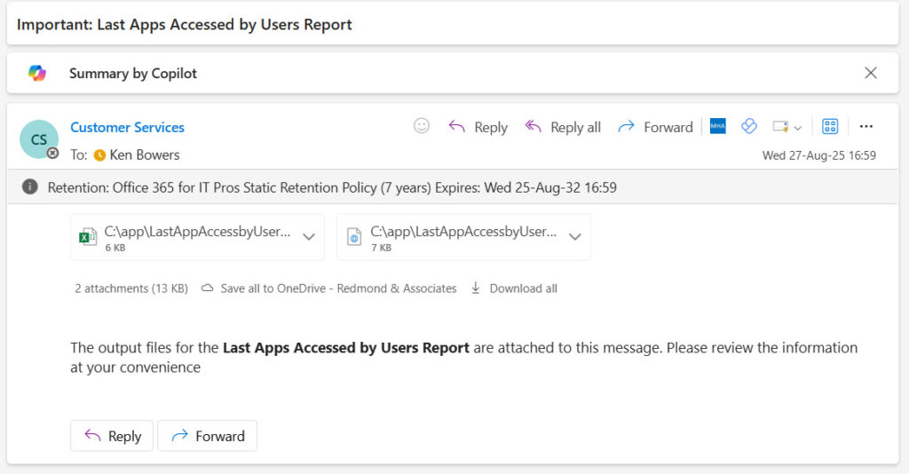 Email sent from Azure Automation.