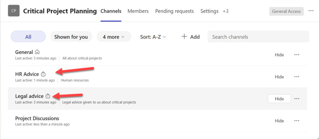 Private channels in a team.
New Teams Private channels.