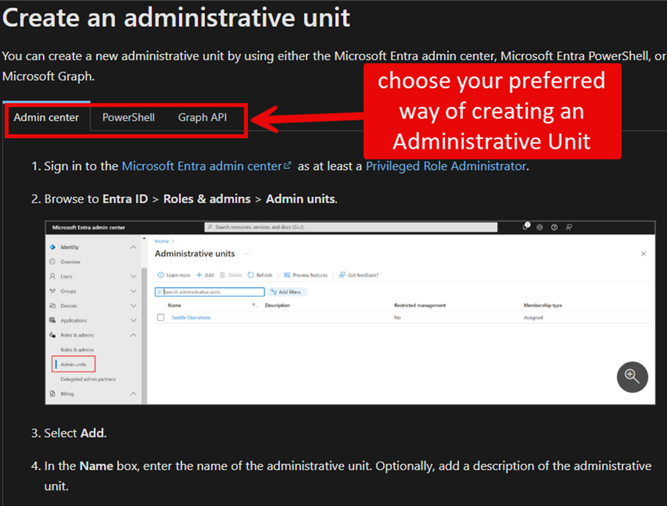 Choose how you create an Administrative Unit