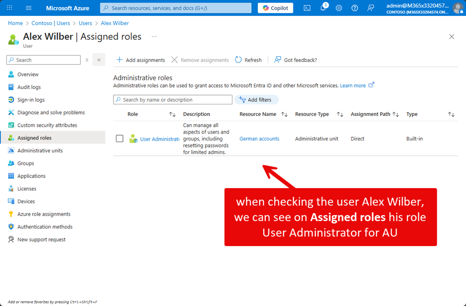 Viewing the assigned role and the resource the user has access to