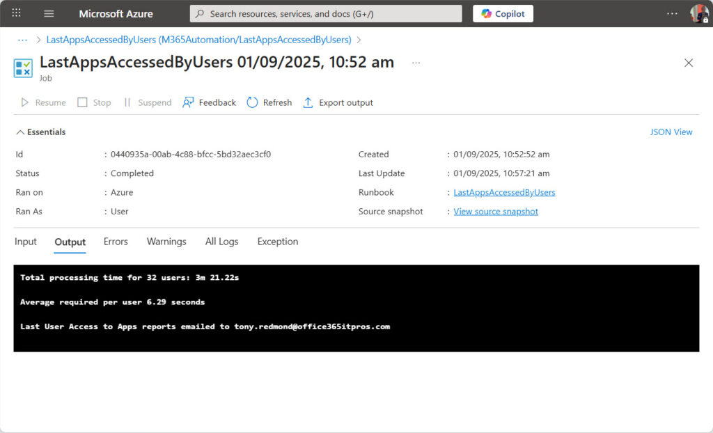 Viewing the output stream for an Azure Automation runbook in the Azure portal.