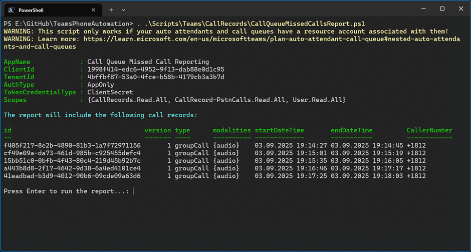 Figure 4: Example output of retrieved call records