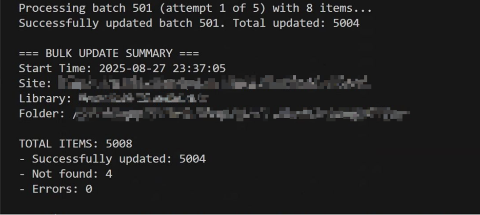 Figure 2: The summary output from the optimized script, confirming that 5004 items were successfully updated without errors by using batch processing and efficient file retrieval.