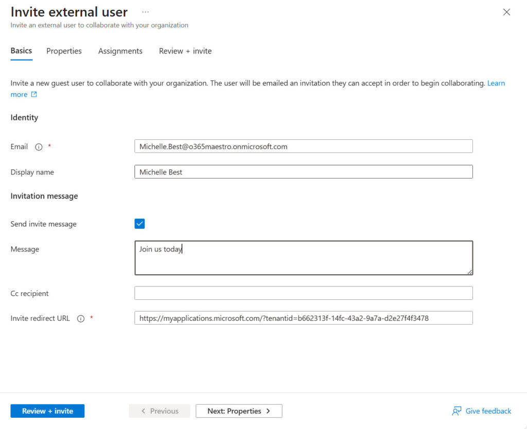 Inviting an external user to be a guest account from the Entra admin center