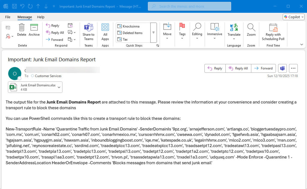 Email to administrators to advise them how to create a transport rule to block spammy domains.